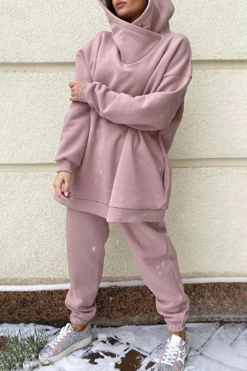 Kaynafashions - Casual Solid Pocket Hooded Collar Long Sleeve Two Pieces