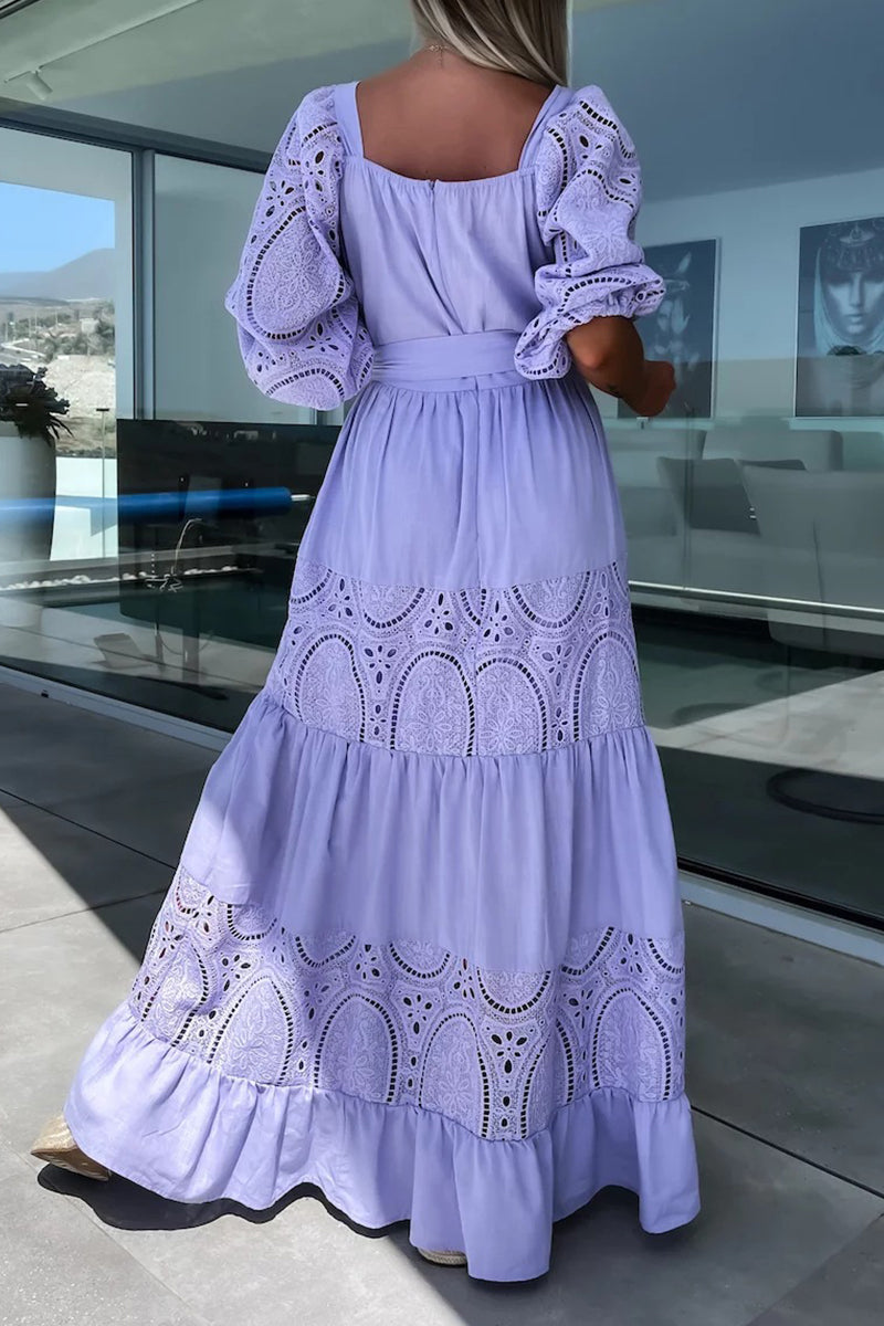 Kaynafashions - Elegant Solid Hollowed Out Frenulum Square Collar A Line Dresses