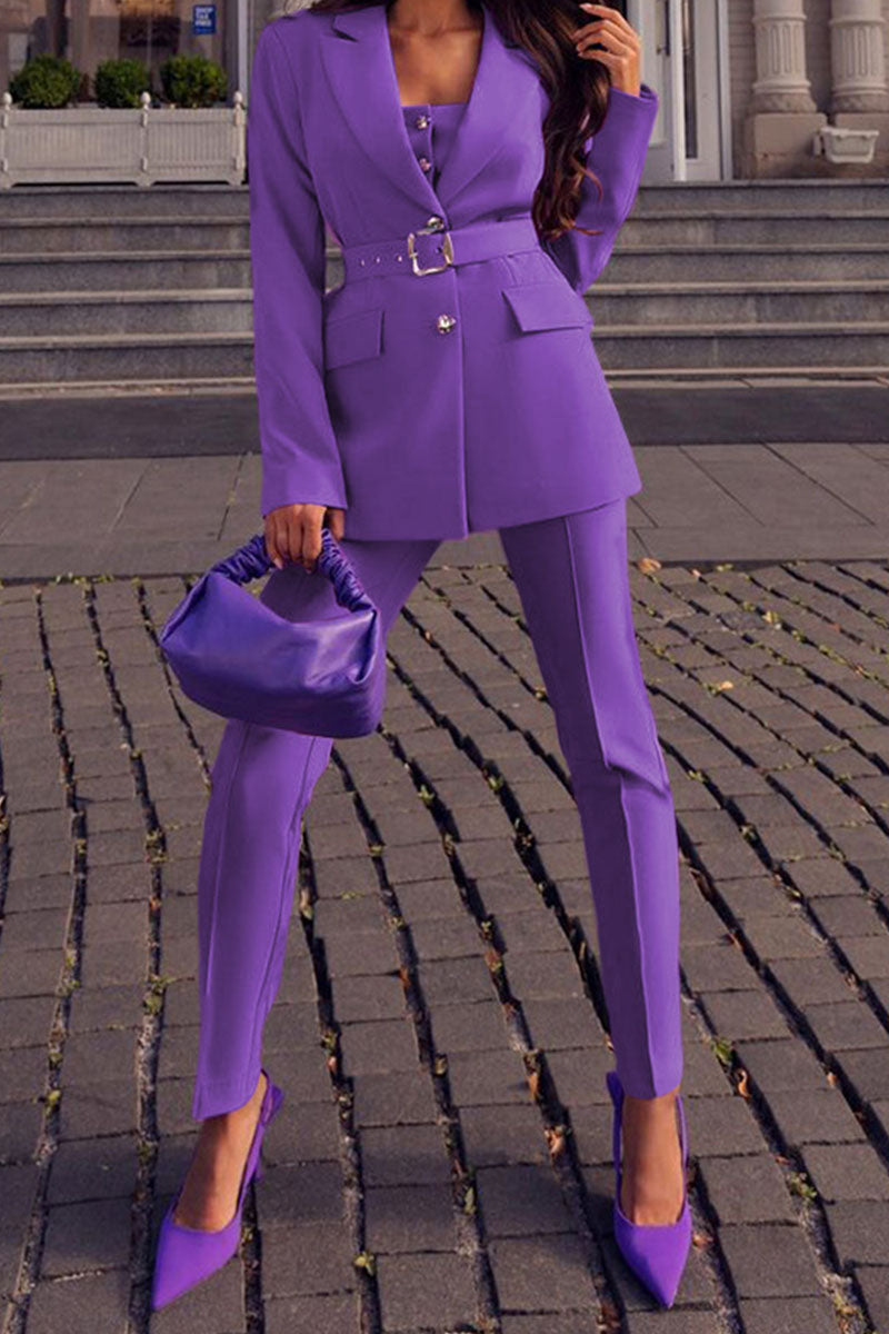 Kaynafashions - Casual Solid Patchwork Turn-back Collar Long Sleeve Two Pieces