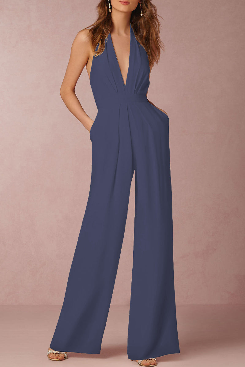Kaynafashions - Sexy Elegant Solid Backless Fold V Neck Regular Jumpsuits(12 Colors)