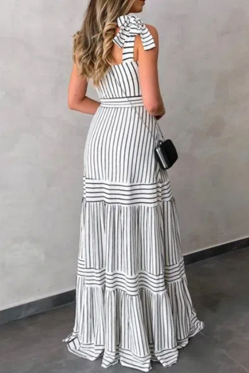 Kaynafashions - Sexy Casual Striped Bandage Patchwork Spaghetti Strap Pleated Dresses
