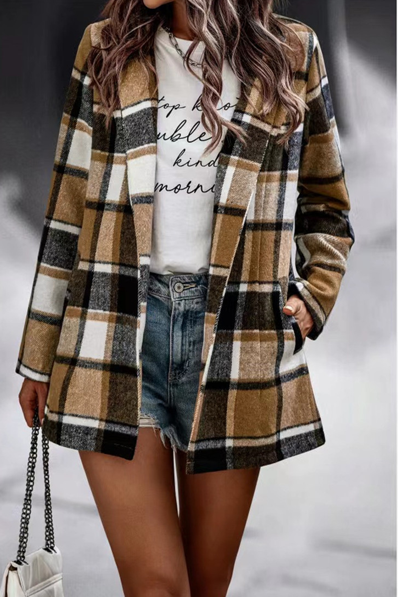 Kaynafashions - Fashion Plaid Patchwork Turndown Collar Outerwear