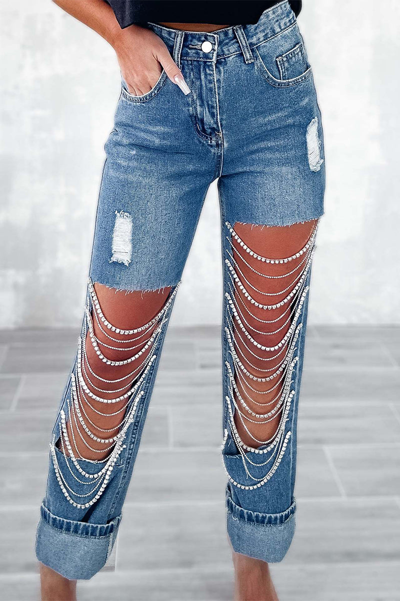 Kaynafashions - Street Solid Ripped Chains Loose Denim Jeans