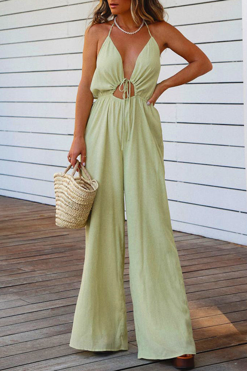 Kaynafashions - Casual Solid Backless V Neck Regular Jumpsuits(3 Colors)