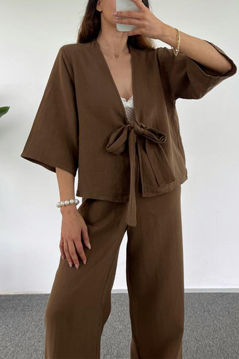 Kaynafashions - Casual Simplicity Solid Pocket V Neck Three Quarter Two Pieces(3 Colors)