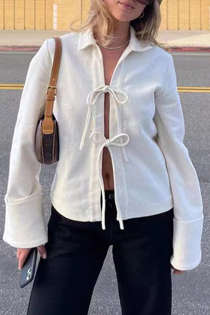 Kaynafashions - Sexy Simplicity Solid Frenulum Shirt Collar Outerwear