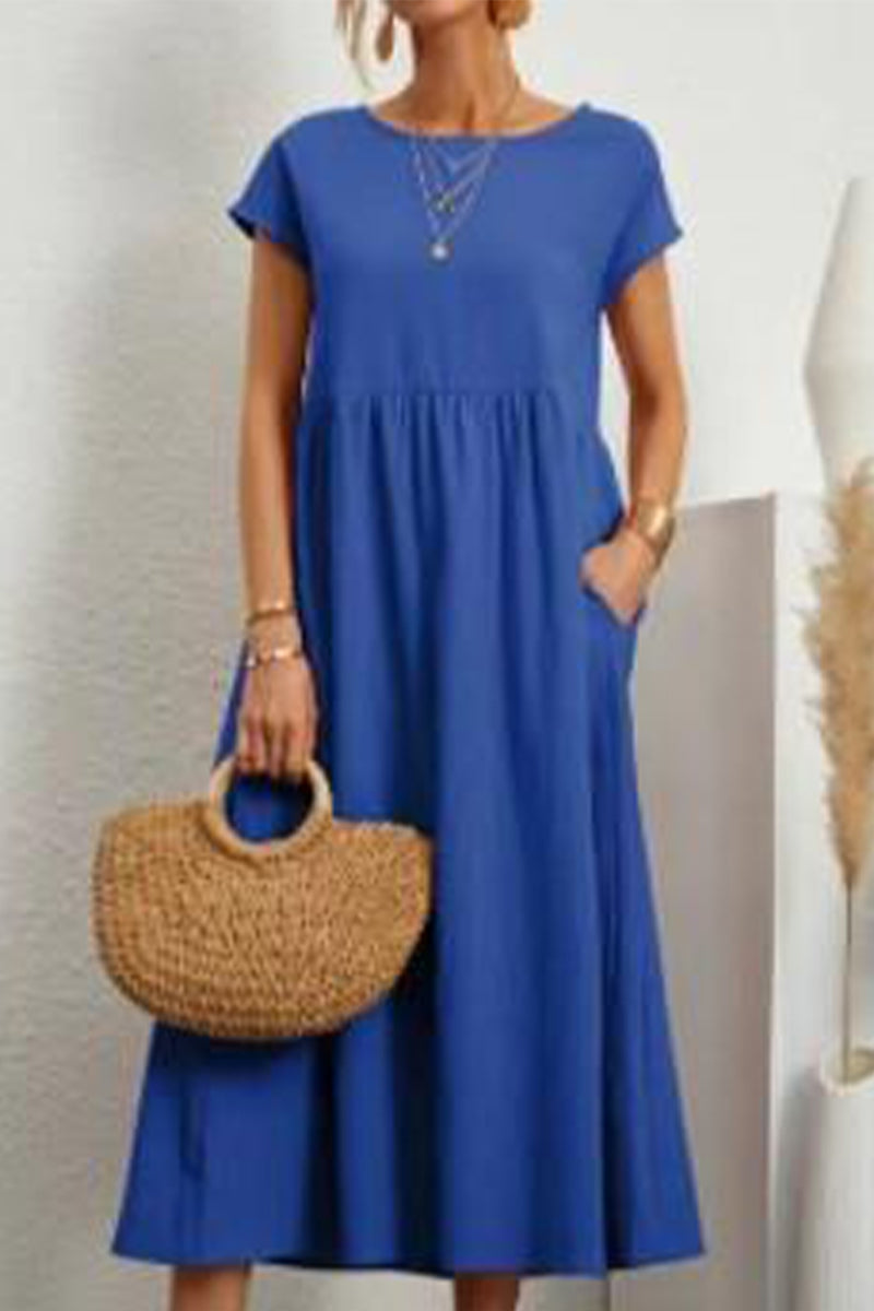 Kaynafashions - Casual Daily Solid Pocket O Neck Short Sleeve Dress(11 Colors)