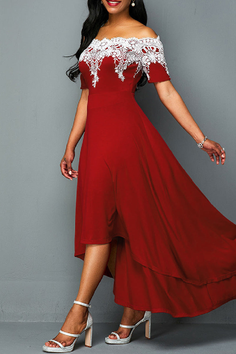 Kaynafashions - Casual Embroidery Patchwork Off the Shoulder Irregular Dress Dresses