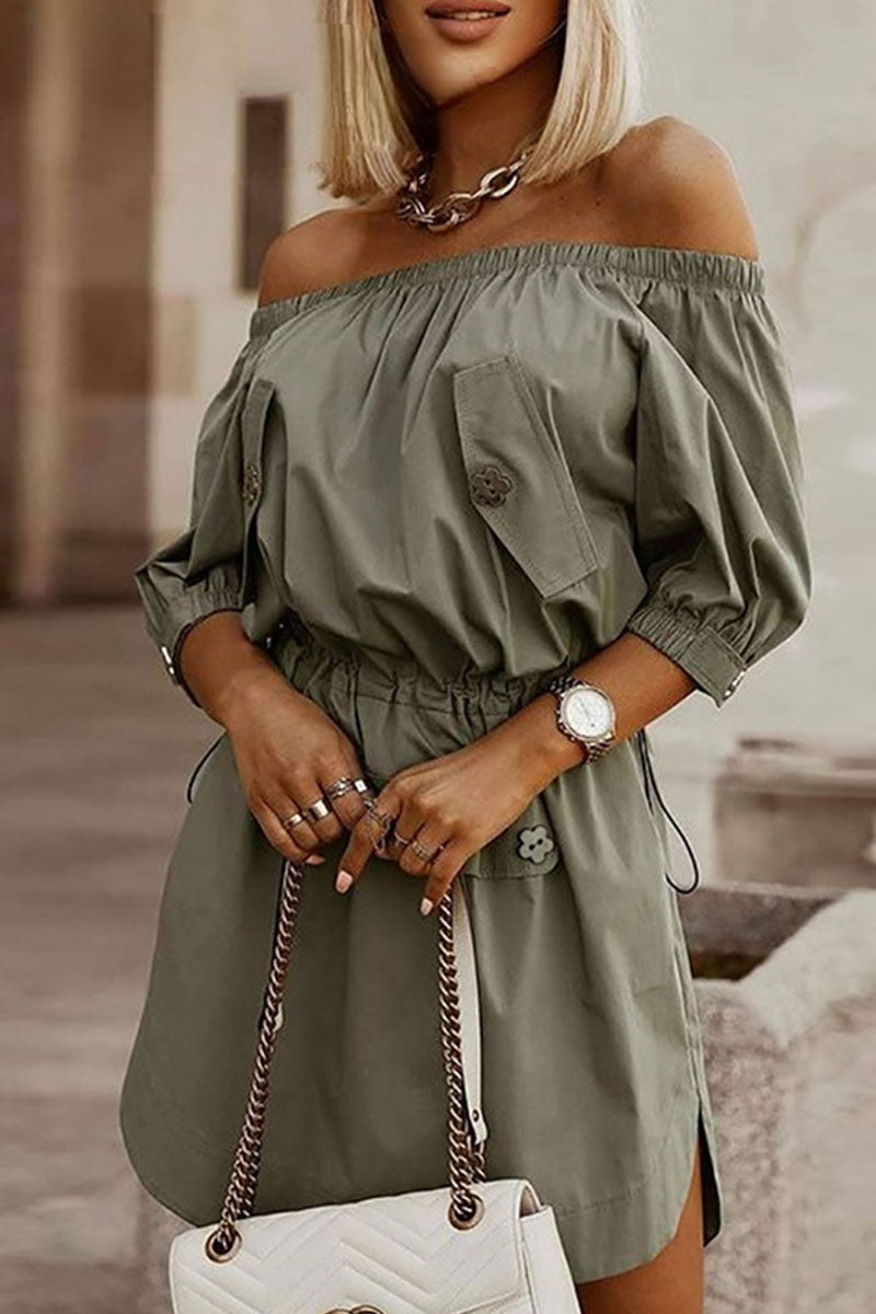 Kaynafashions - Simplicity Solid Draw String Off the Shoulder A Line Dresses