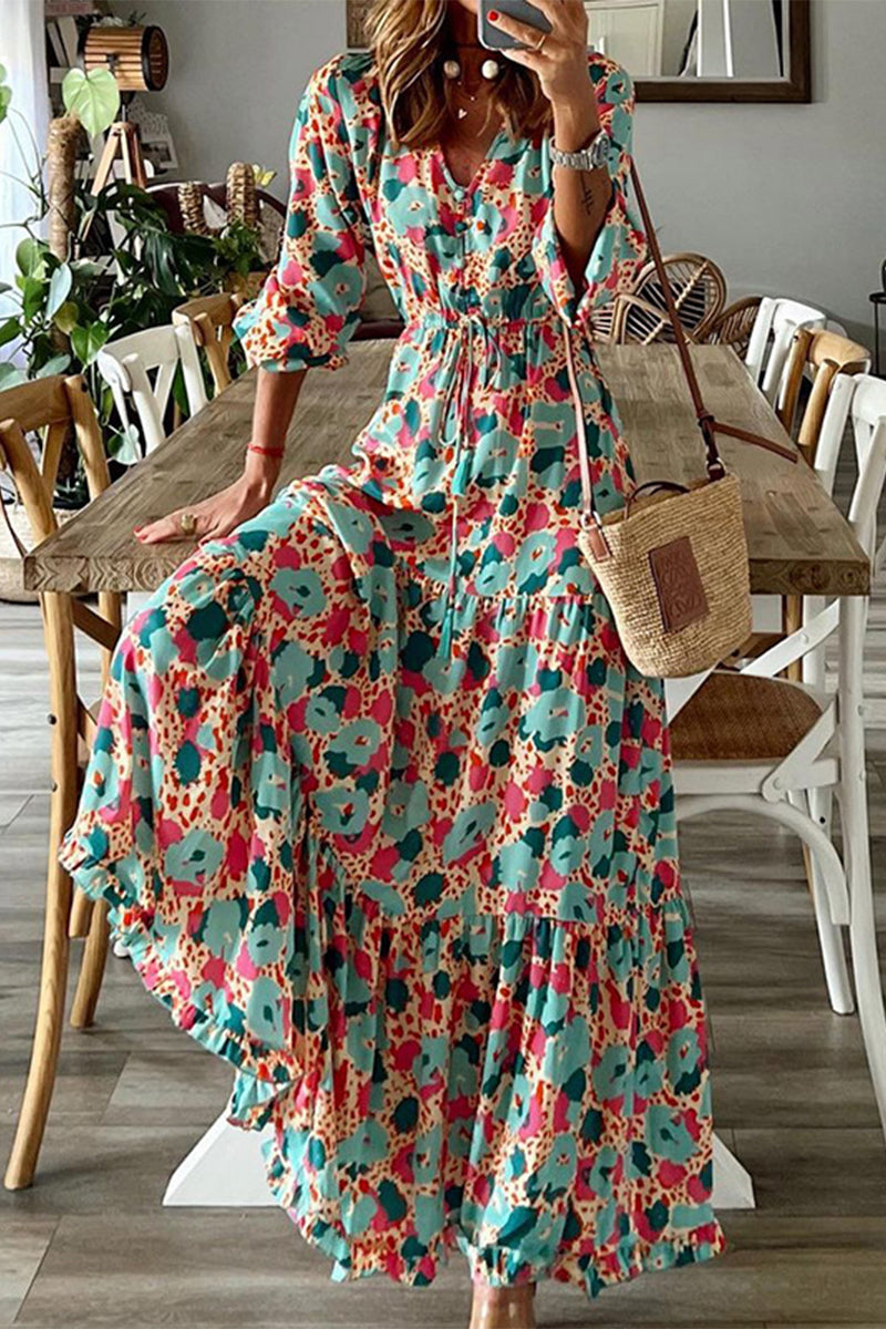 Kaynafashions - Elegant Print Patchwork V Neck A Line Dresses