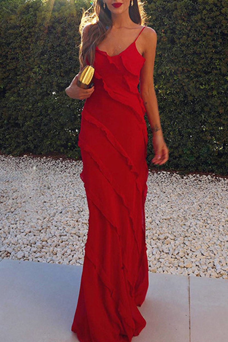 Kaynafashions - Sexy Celebrities Solid Flounce Slit V Neck Sling Dress Dresses