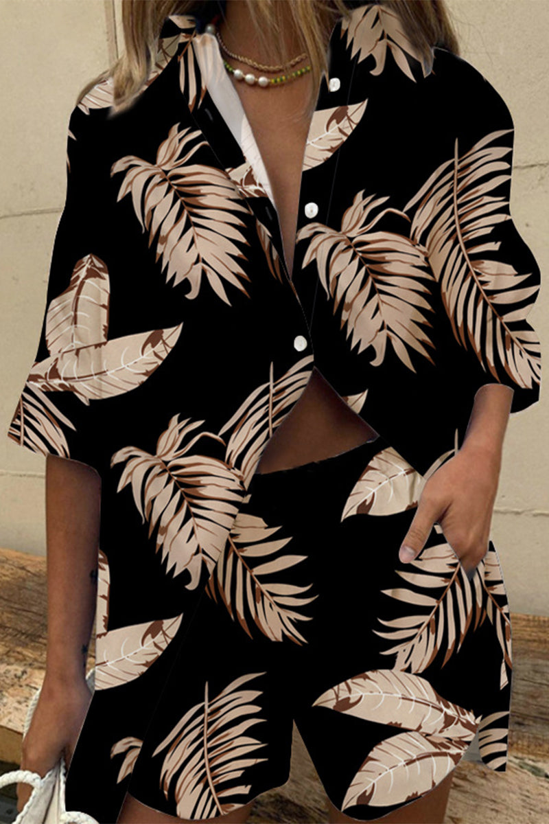 Kaynafashions - Casual Floral Patchwork Turndown Collar Short Sleeve Two Pieces(5 Colors)