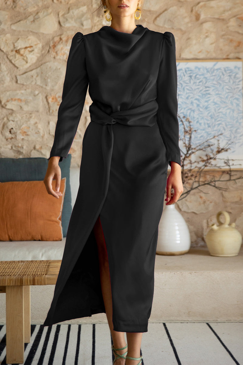 Kaynafashions - Celebrities Elegant Solid Slit Scarf Collar A Line Dresses