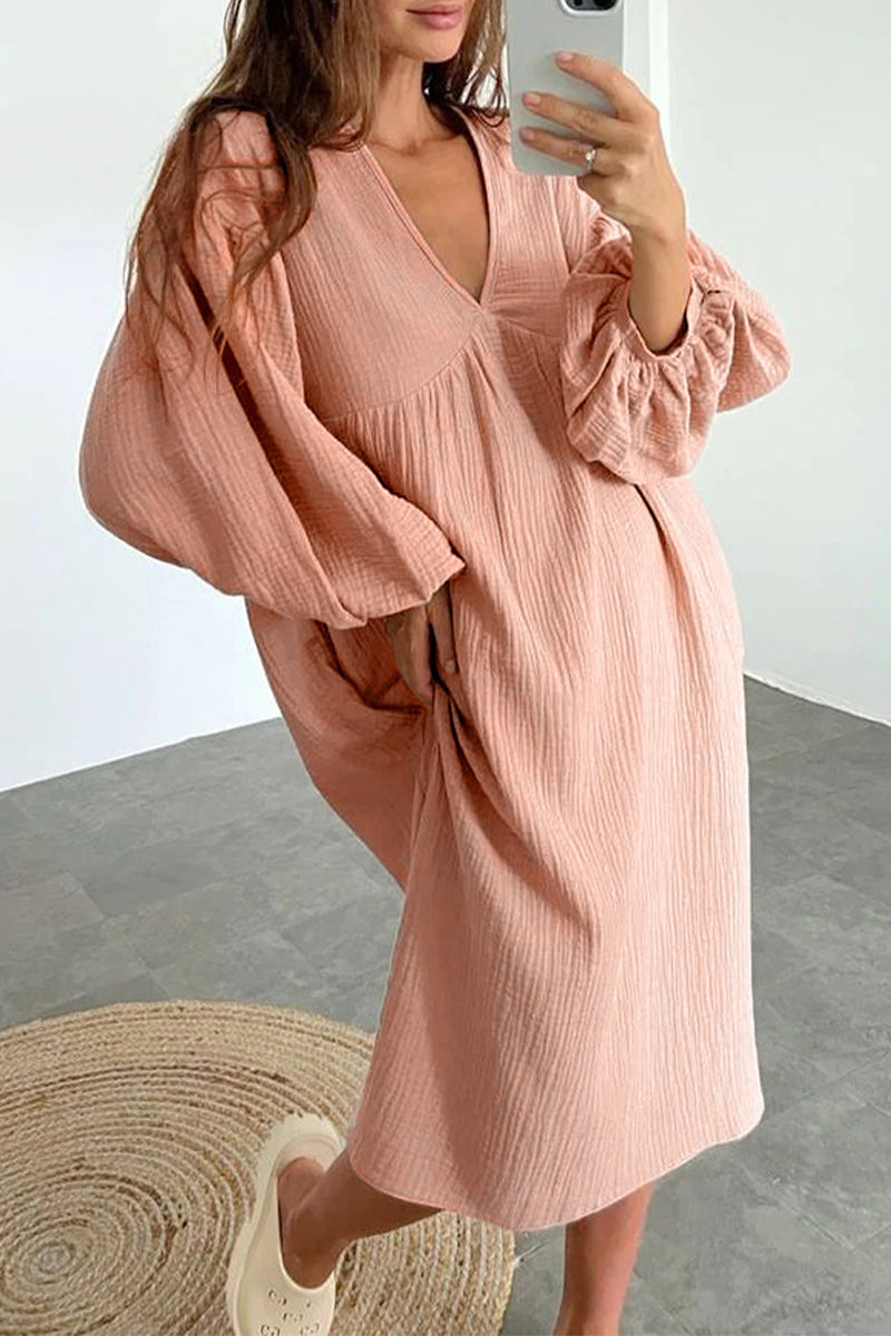 Kaynafashions - Casual Living Solid Pocket V Neck Long Sleeve Dresses