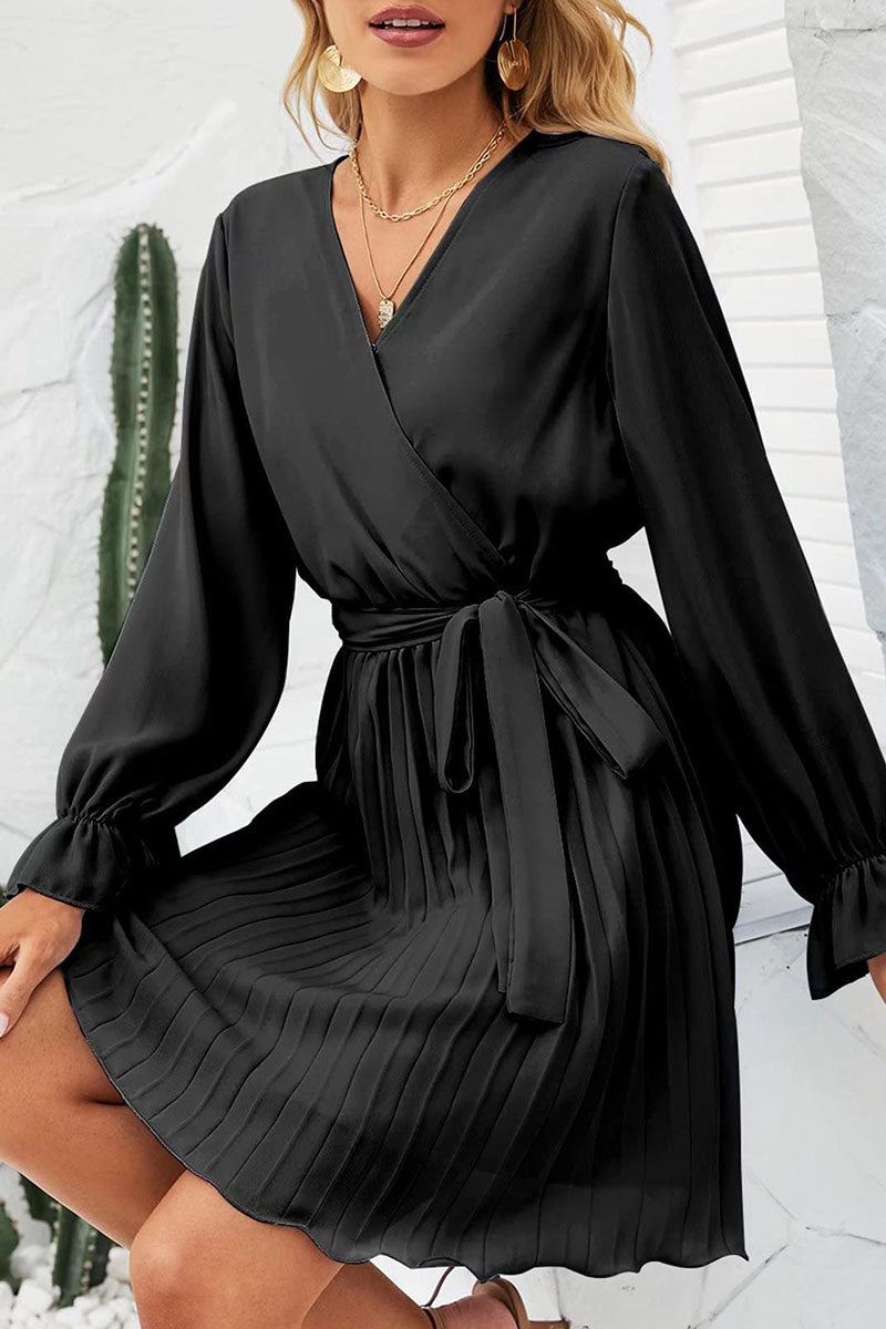 Kaynafashions - Sweet Patchwork Frenulum Fold V Neck Pleated Dresses(5 Colors)