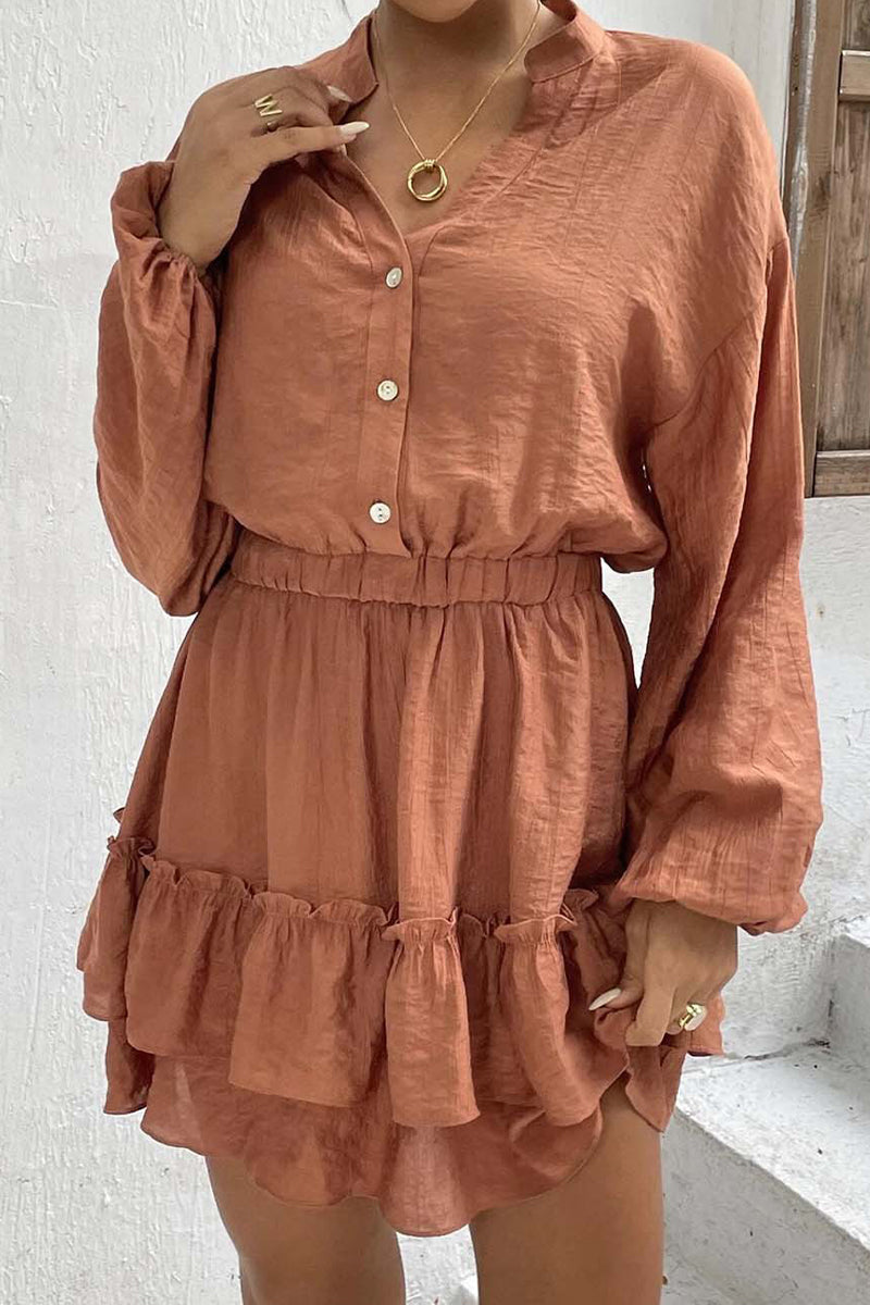 Kaynafashions - Casual Solid Flounce Half A Turtleneck Waist Skirt Dresses