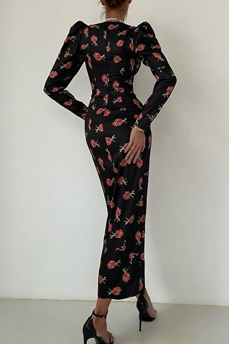 Kaynafashions - Elegant Print Fold Square Collar Printed Dress Dresses(3 Colors)