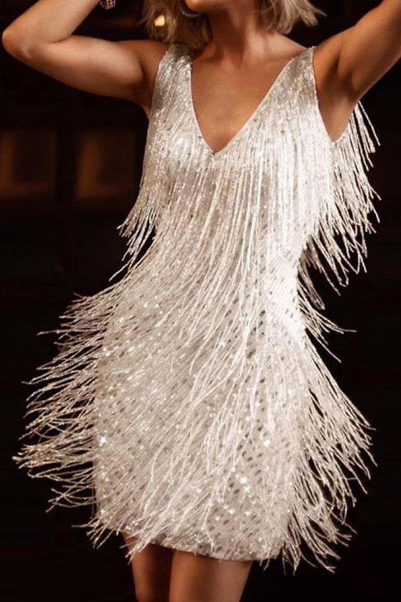 Kaynafashions - Sexy Party Solid Tassel V Neck Vest Dress Dresses(6 Colors)