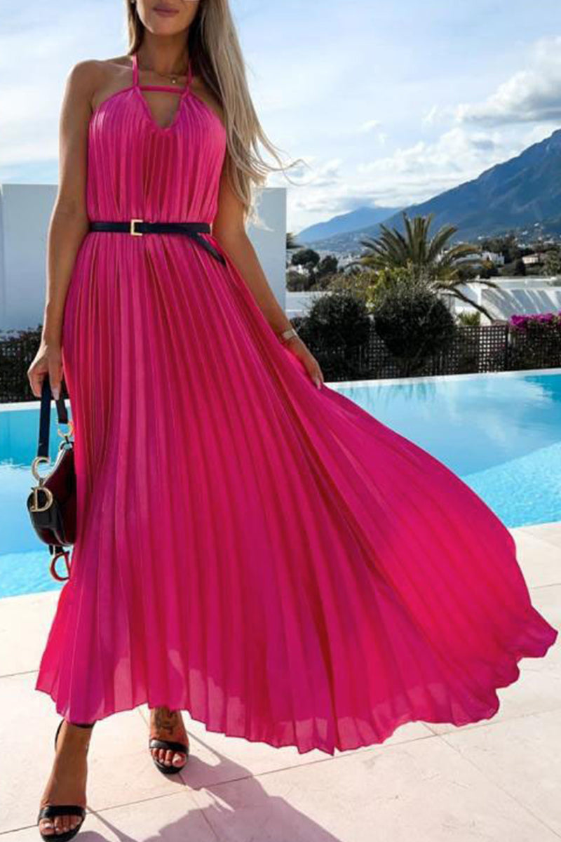 Kaynafashions - Sweet Elegant Solid Fold With Belt Solid Color Halter Princess Dresses