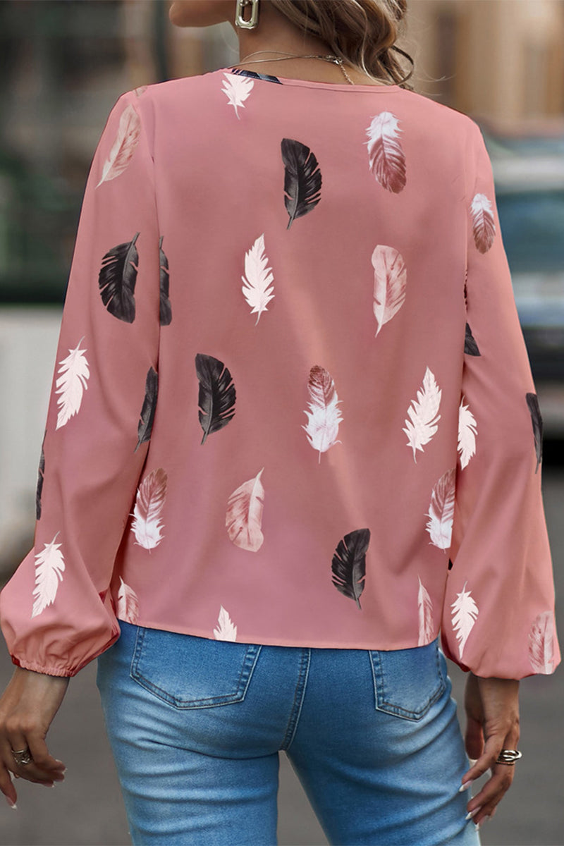 Kaynafashions - Casual Print Feathers Printing V Neck Tops(7 Colors)