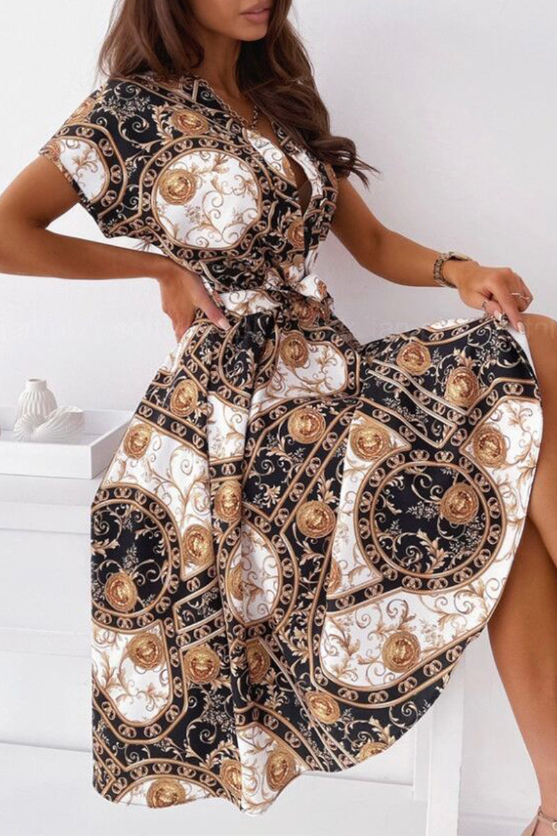 Kaynafashions - Celebrities Elegant Print Patchwork V Neck Shirt Dress Dresses