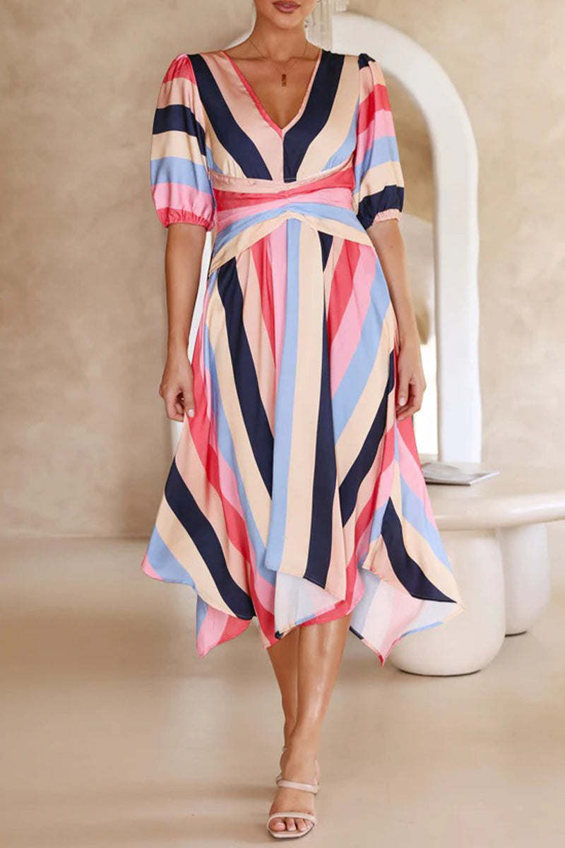 Kaynafashions - Casual Striped Print Asymmetrical V Neck A Line Dresses