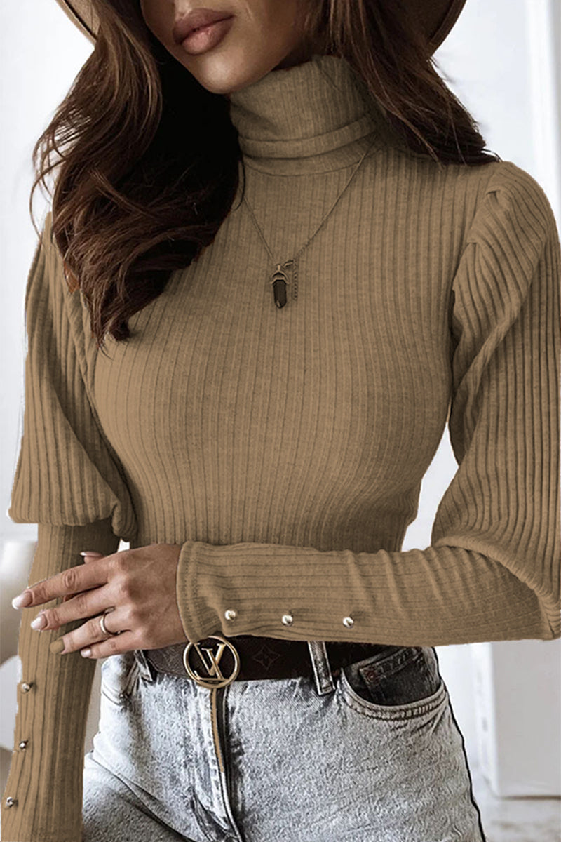 Kaynafashions - Casual Solid Buckle Fold Turtleneck Tops(3 Colors)