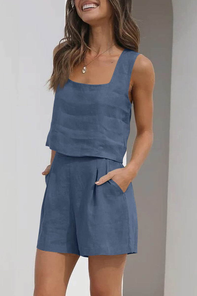 Kaynafashions - Casual Simplicity Solid Pocket Square Collar Sleeveless Two Pieces(16 Colors)