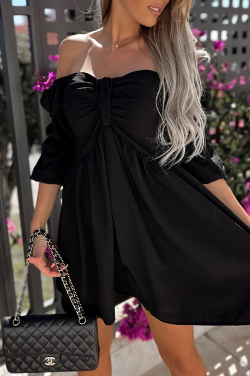 Kaynafashions - Elegant Simplicity Solid With Bow Off the Shoulder A Line Dresses(4 Colors)