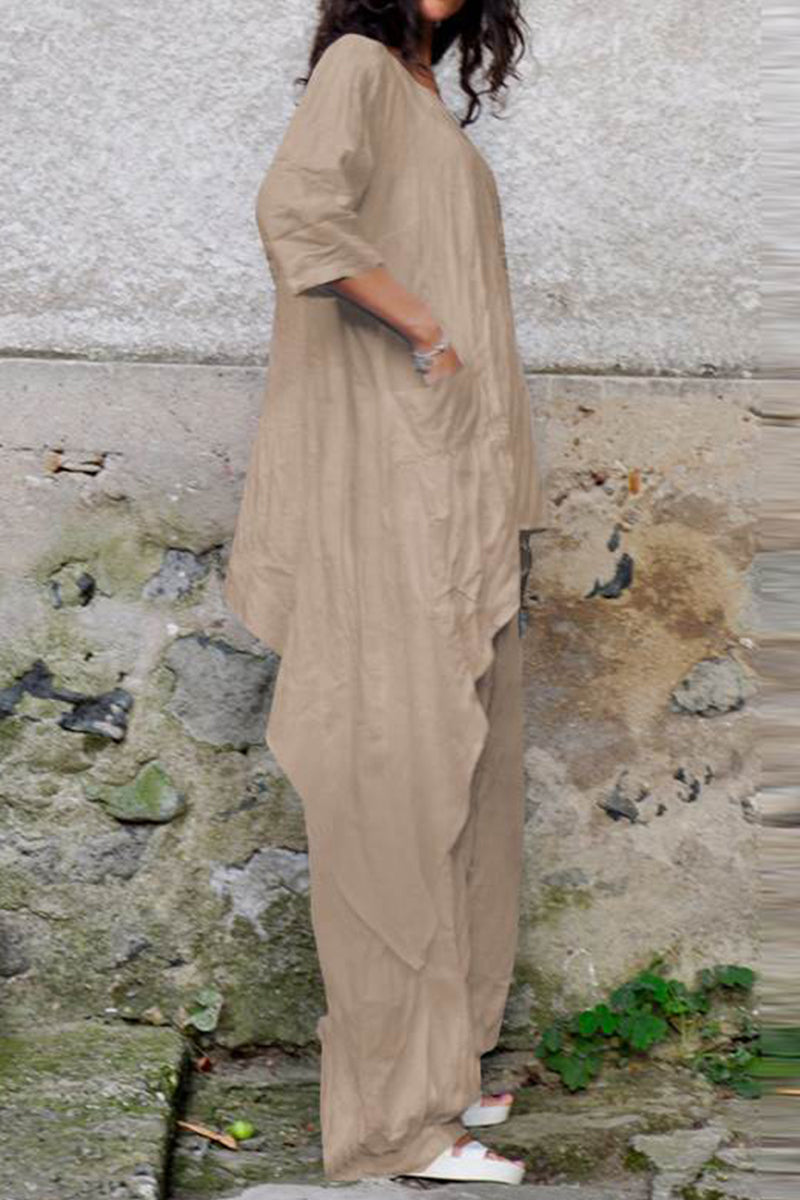 Kaynafashions - Casual Simplicity Solid Asymmetrical O Neck Three Quarter Two Pieces(4 Colors)