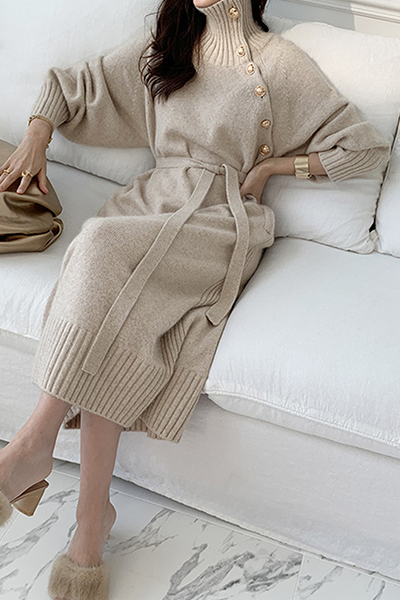 Kaynafashions - Casual Elegant Solid Buckle With Belt Turtleneck Dresses