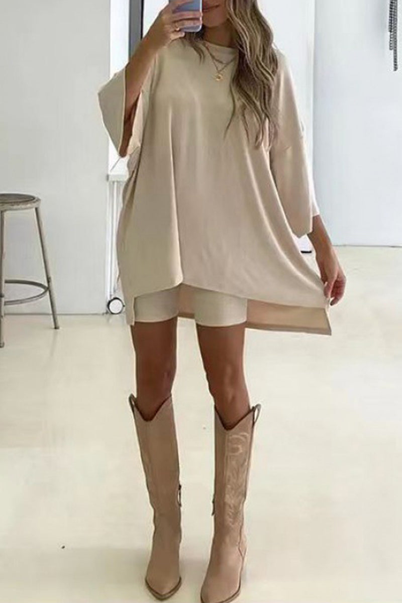 Kaynafashions - Casual Solid Pocket O Neck Nine Points Sleeve Two Pieces