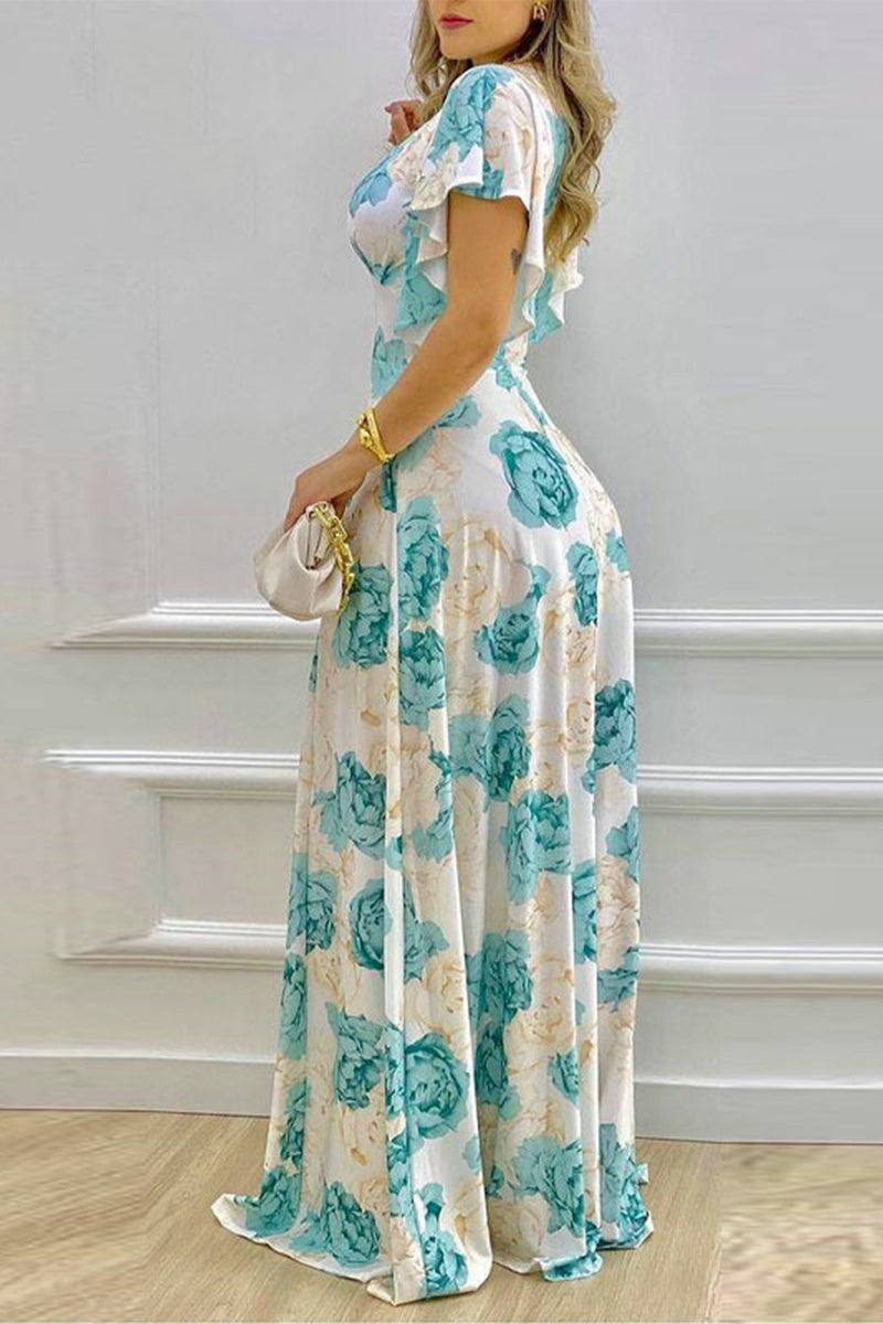 Kaynafashions - Elegant Floral Patchwork V Neck Irregular Dress Dresses