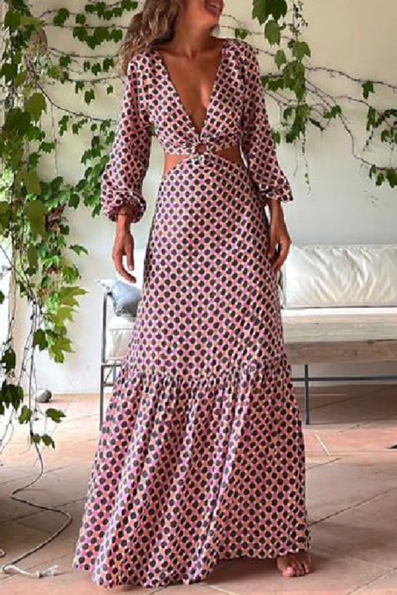 Kaynafashions - Sexy Geometric Print Asymmetrical V Neck Printed Dress Dresses