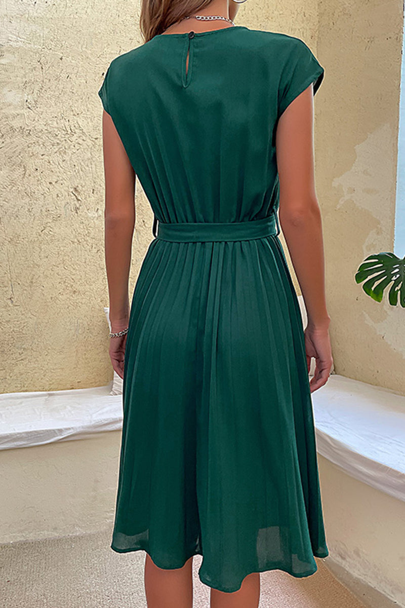 Kaynafashions - Elegant Solid Frenulum Fold O Neck Pleated Dresses