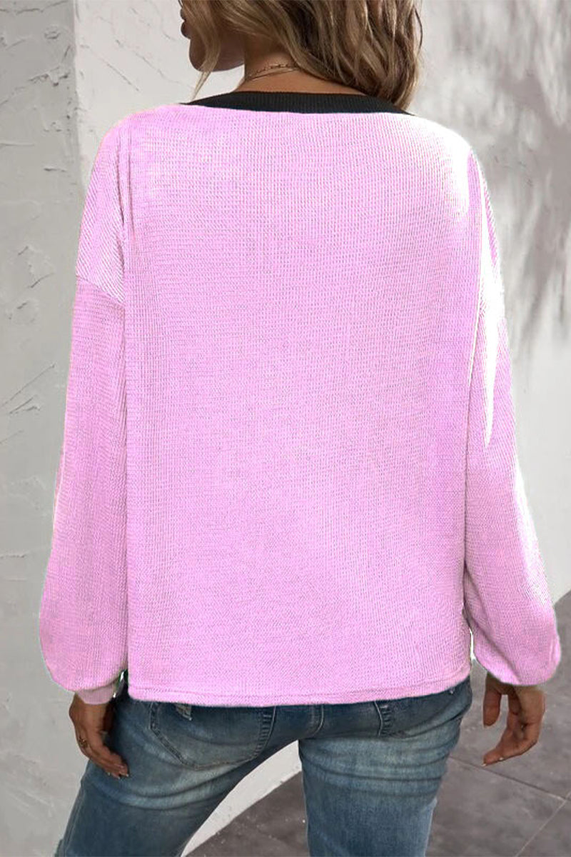 Kaynafashions - Casual Solid Patchwork Buttons V Neck T-Shirts(7 Colors)