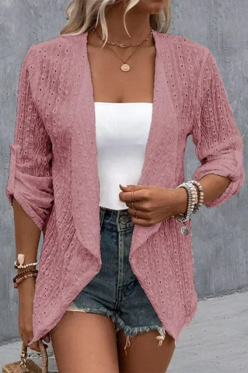 Kaynafashions - Simplicity Solid Hollowed Out Cardigan Collar Outerwear