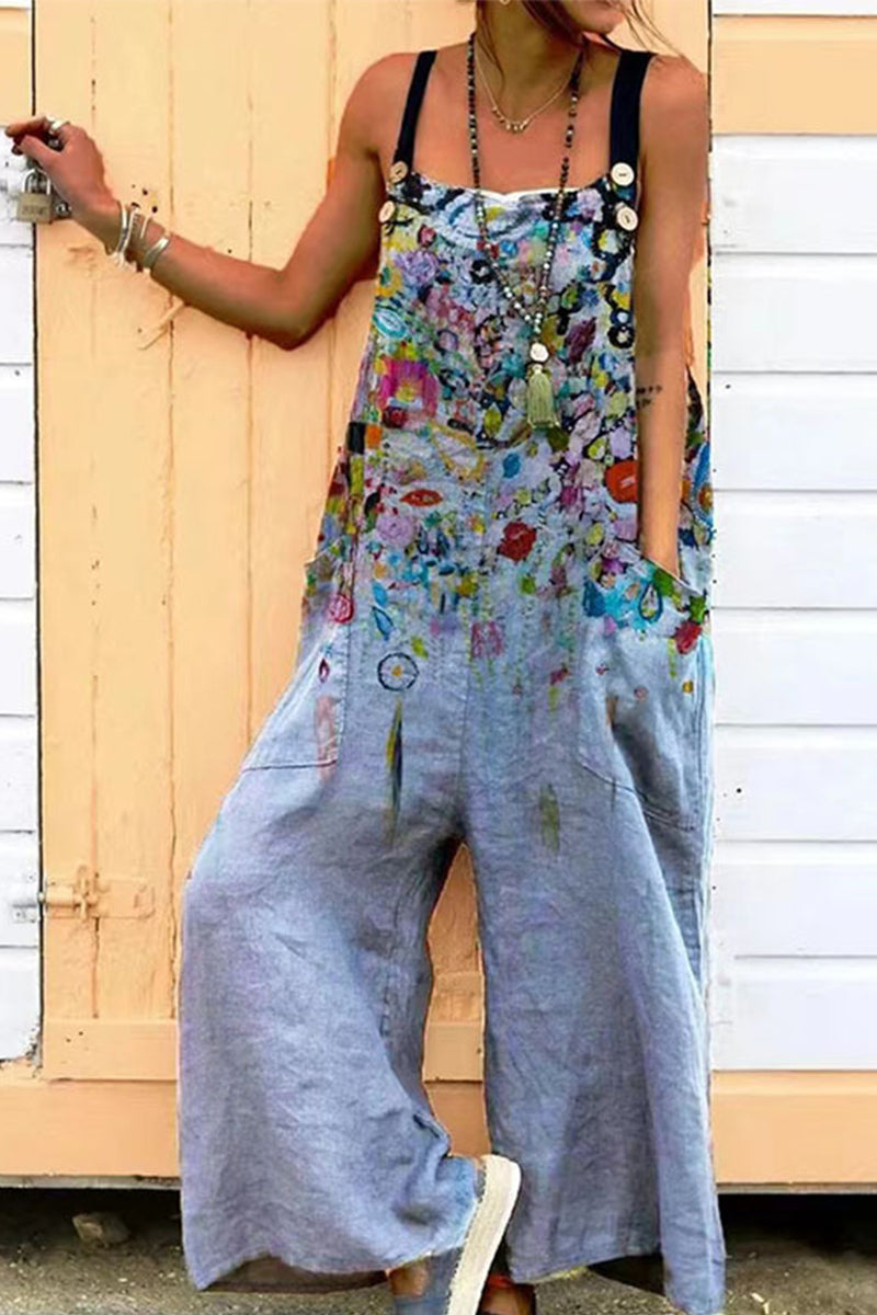 Kaynafashions - Casual Printing Spaghetti Strap Loose Jumpsuits(6 Colors)