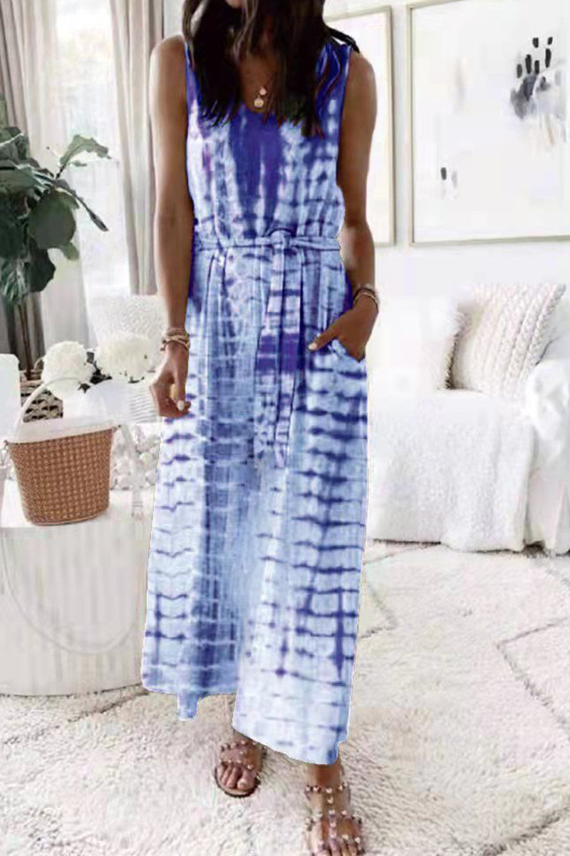 Kaynafashions - Casual Patchwork Tie-dye O Neck Waist Skirt Dresses(5 colors)