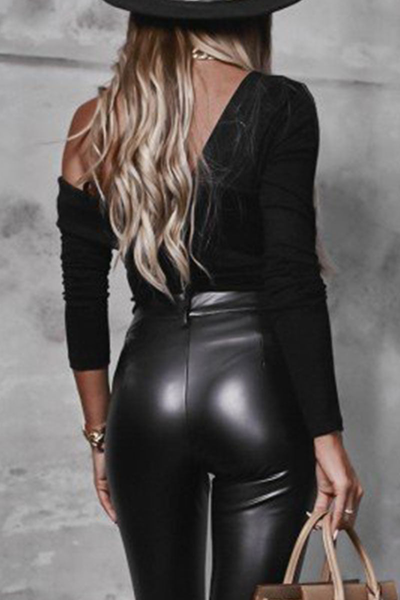 Kaynafashions - Fashion Street Solid Patchwork Oblique Collar Tops