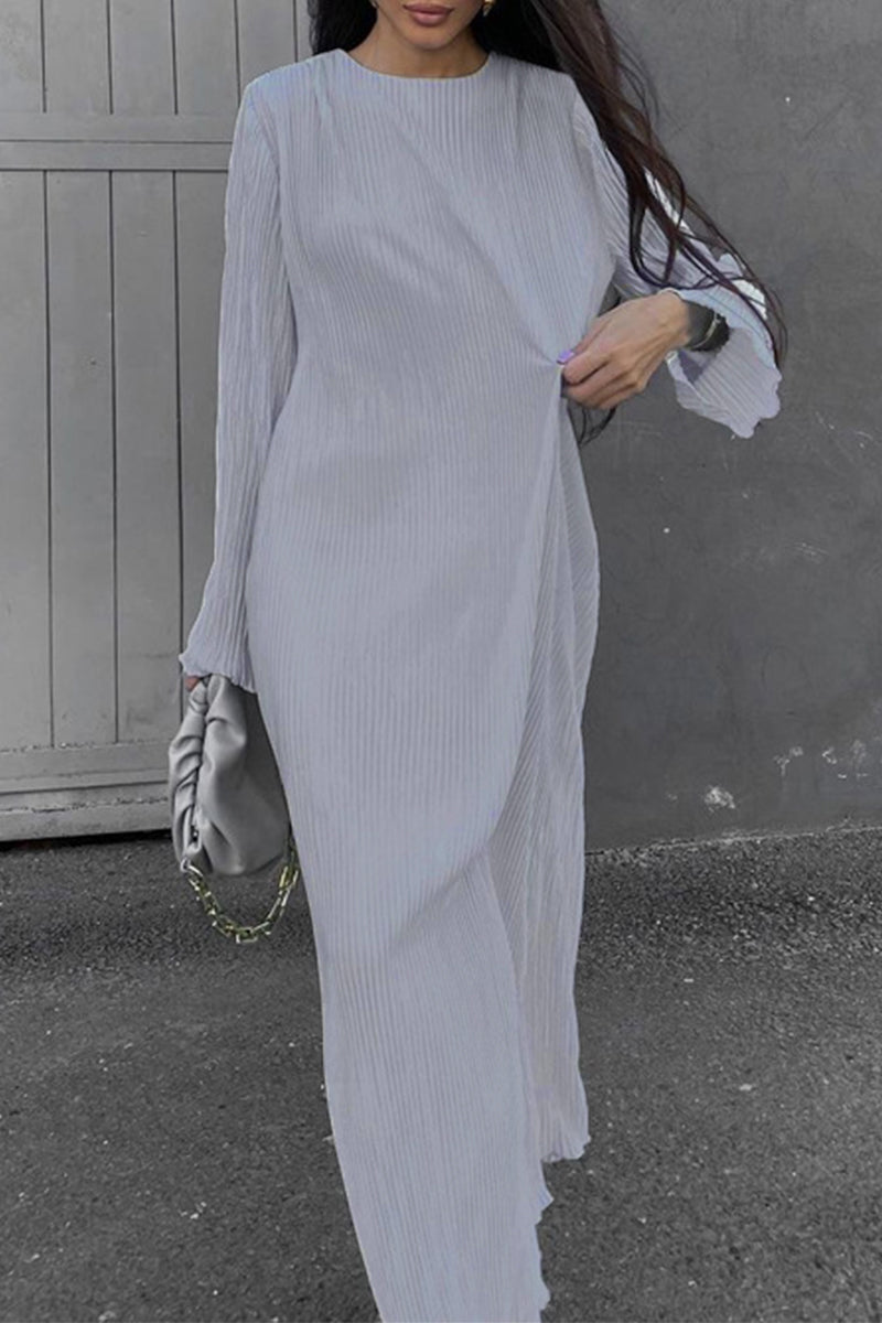 Kaynafashions - Casual Solid O Neck Pleated Dresses