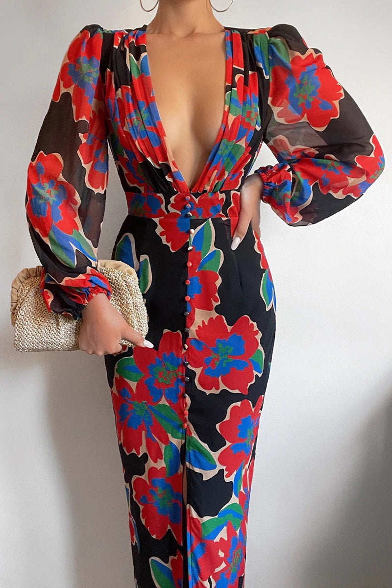 Kaynafashions - Elegant Floral V Neck Printed Dress Dresses