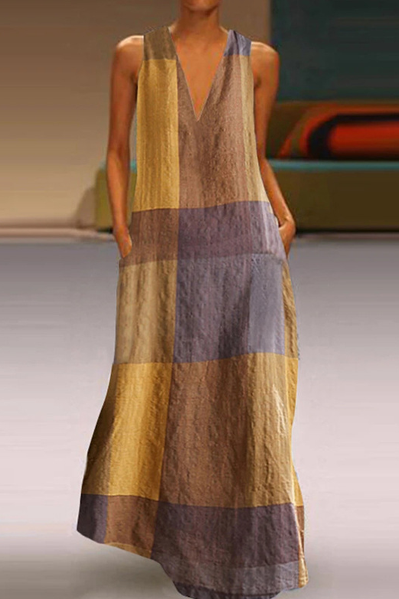 Kaynafashions - Casual Print Patchwork V Neck Straight Dresses(3 colors)