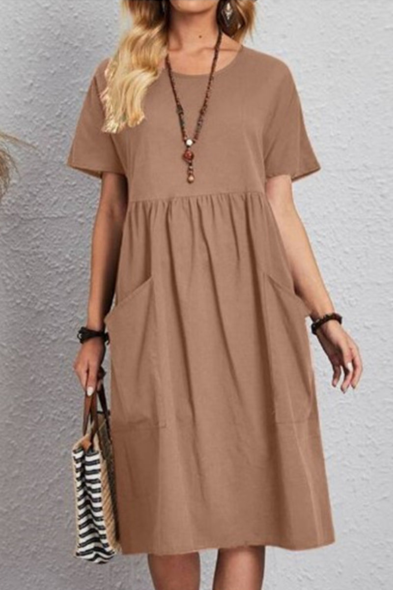 Kaynafashions - Casual Simplicity Solid Pocket O Neck Short Sleeve Dress Dresses(4 Colors)