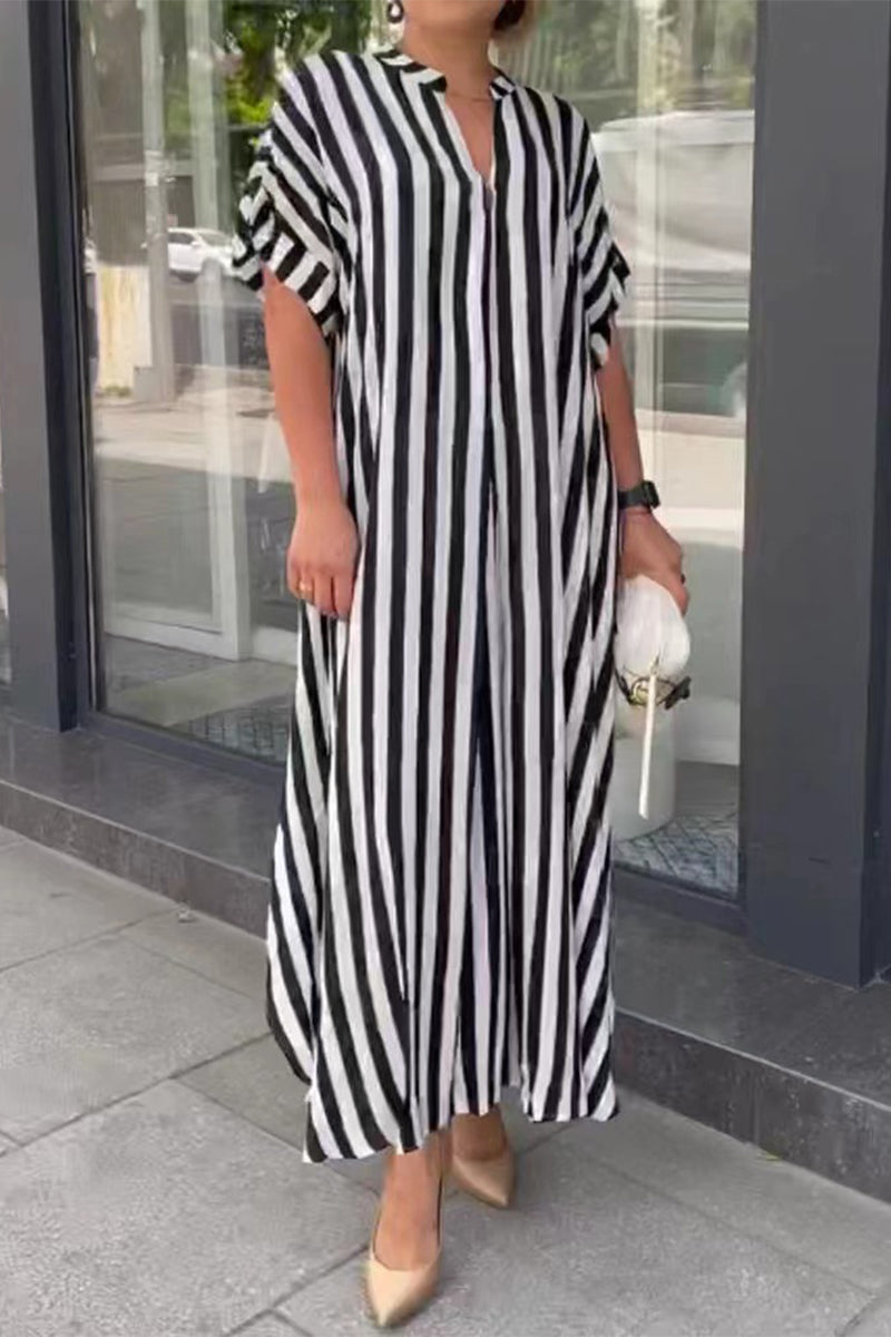 Kaynafashions - Casual Striped Patchwork V Neck Straight Dresses(3 Colors)