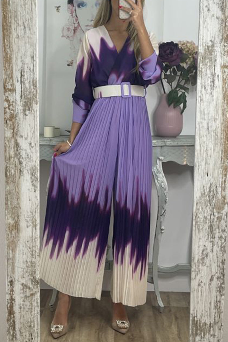 Kaynafashions - Elegant Color Block With Belt Contrast V Neck Jumpsuits