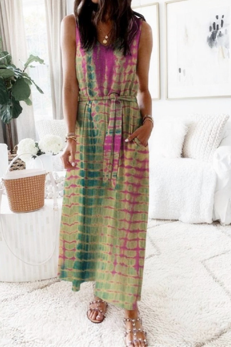 Kaynafashions - Casual Patchwork Tie-dye O Neck Waist Skirt Dresses(5 colors)