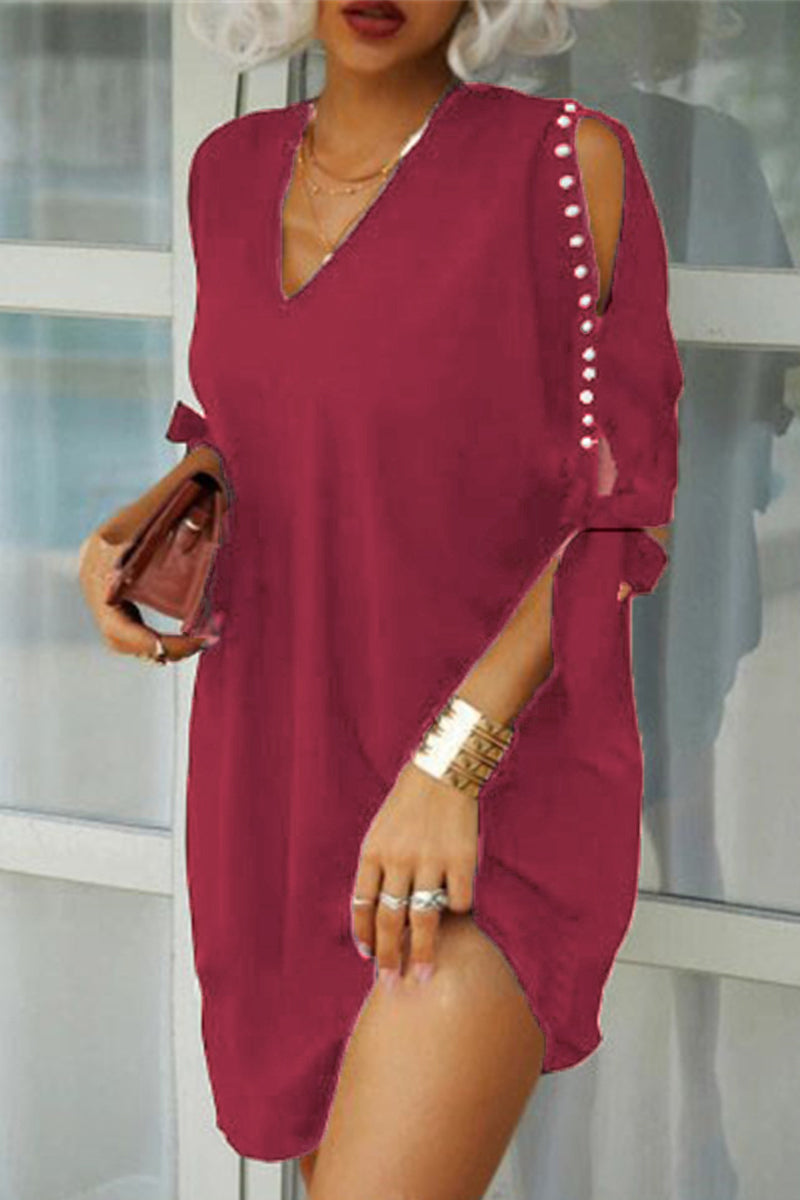 Kaynafashions - Sweet Solid Patchwork Pearl V Neck A Line Dresses