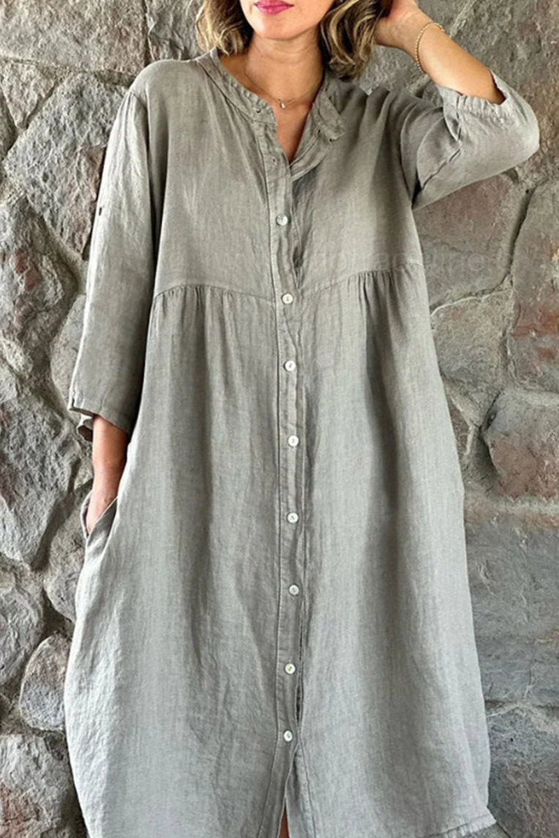 Kaynafashions - Casual Simplicity Solid Buttons Mandarin Collar Shirt Dress Dresses(5 Colors)
