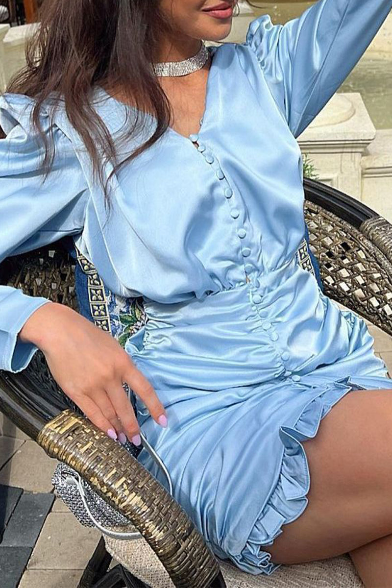 Kaynafashions - Elegant Solid Fold V Neck Wrapped Skirt Dresses